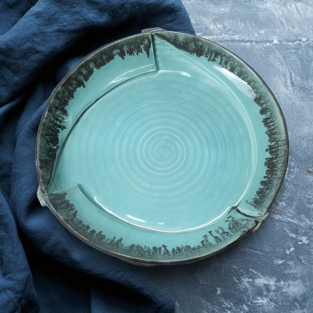 ocean blue ceramic cut plate round deep plate with textured glazed finish for serving meals and salads